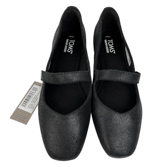 NEW Toms Bianca Black Metallic Suede Square Toe Mary Jane Flats Shoes Size 7 - Picture 2 of 7